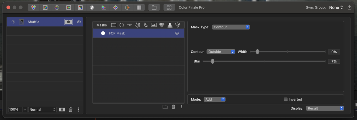 Layers window: Shuffle layer with the external FCP Mask set to Contour