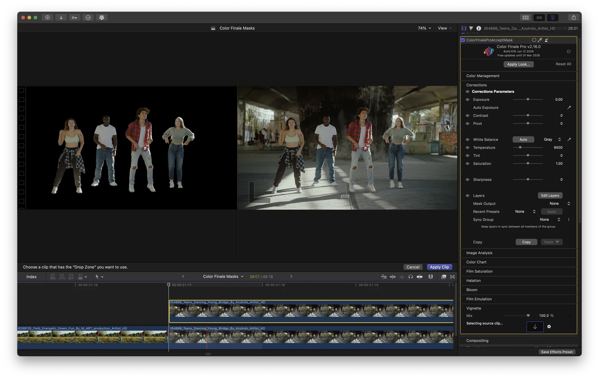 Two-up drop-zone view: mask clip and graded clip, with the red cursor in the timeline
