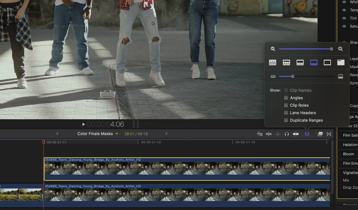 Timeline zoomed all the way in, with both stacked clips visible